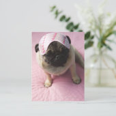 Carte Postale chien carlin avec masque oculaire sur la tête assi (Debout devant)