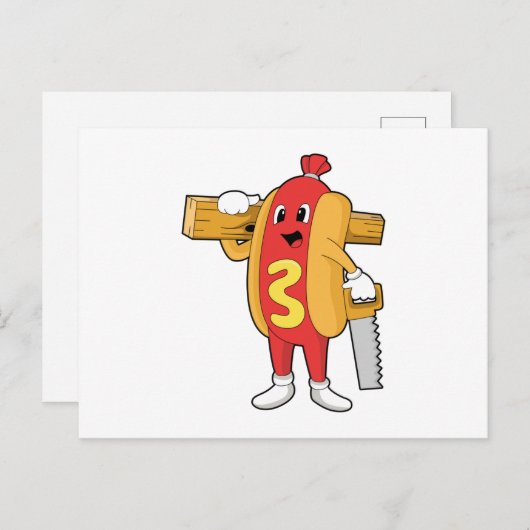 Carte Postale Chien chaud en charpentier avec scie et bois (Devant / Derrière)