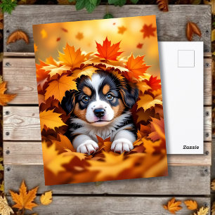 Carte Postale Chien chic mignon dans les feuilles d'automne