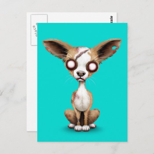 Carte Postale Chien Chihuahua Chiot mignon Zombie en bleu (Devant / Derrière)