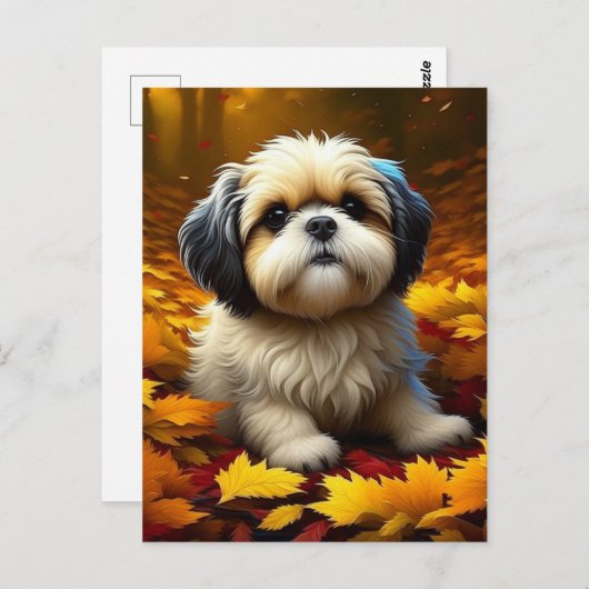 Carte Postale Chien chiot Shih Tzu jouant dans les feuilles d'au (Devant / Derrière)