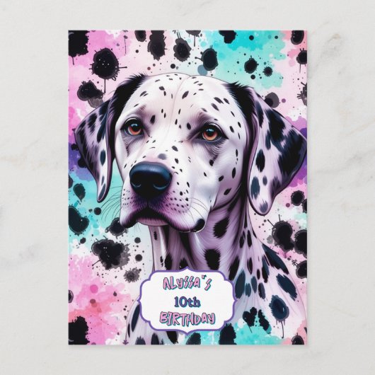 Carte Postale Chien Dalmatien Rose Violet Turquoise Anniversaire (Devant)