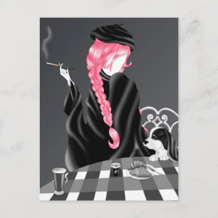 Carte Postale Chien & Dame au café Pink Hair Postcard