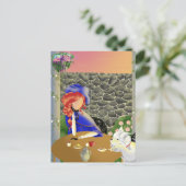 Carte Postale Chien & Dame dans un café au coucher du soleil Car (Debout devant)