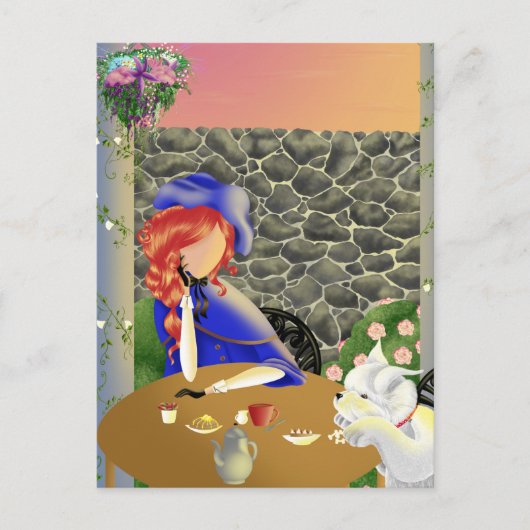 Carte Postale Chien & Dame dans un café au coucher du soleil Car (Devant)