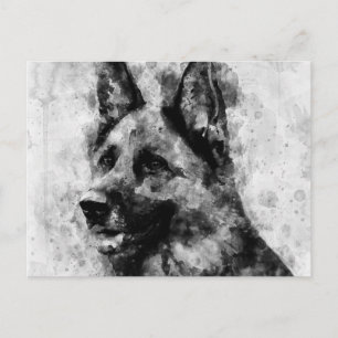 Carte Postale Chien de berger allemand Aquarelle noir et blanc