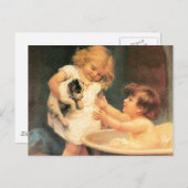 Carte Postale Chien de manchon prenant un bain Antique Vintage (Devant / Derrière)