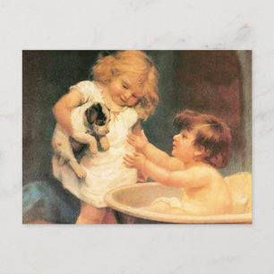 Carte Postale Chien de manchon prenant un bain, vintage, antique