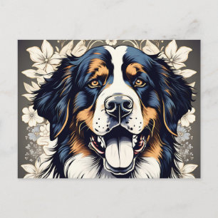 Carte Postale Chien de montagne bernois et fleurs