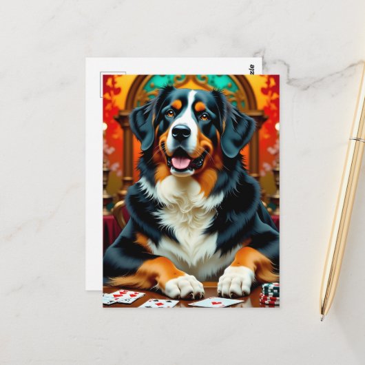 Carte Postale Chien de montagne bernois jouant au Poker (Devant/Arrière en situation)