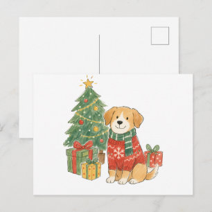 Carte Postale Chien de Noël en pull avec sapin de Noël