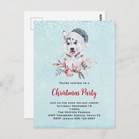 Carte Postale Chien de Noël Husky dans un chapeau de Père Noël (Devant / Derrière)