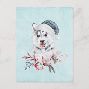 Carte Postale Chien de Noël Husky dans un chapeau de Père Noël