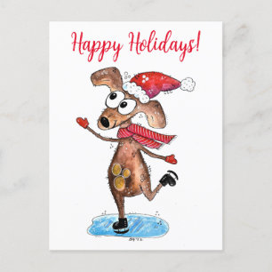 Carte Postale Chien de Noël Whimsical sur patins à glace