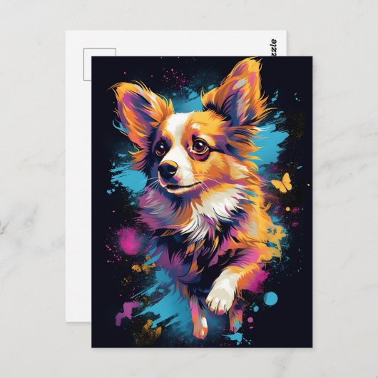 Carte Postale Chien de Papillon coloré (Devant / Derrière)