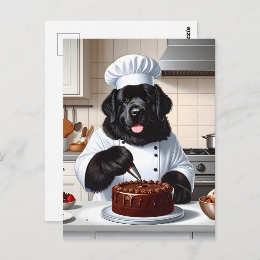 Carte Postale Chien de Terre-Neuve Chef Glaçage Gâteau (Devant / Derrière)