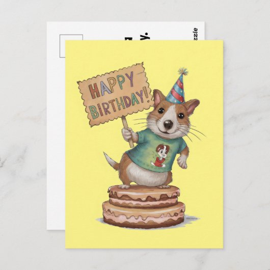 Carte Postale Chien debout sur le gâteau tenant un joyeux signe (Devant / Derrière)