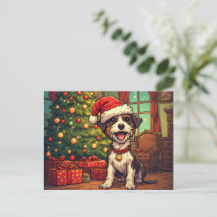 Carte Postale Chien débraillé chapeau de Père Noël arbre de Noël