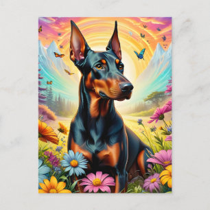 Carte Postale Chien Doberman, Fleurs Et Scène De Montagne