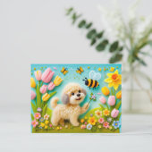 Carte Postale Chien en feutre avec fleurs printanières (Debout devant)