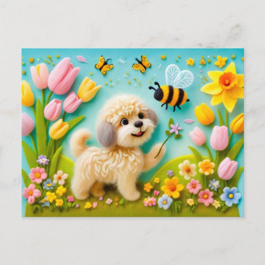 Carte Postale Chien en feutre avec fleurs printanières (Devant)