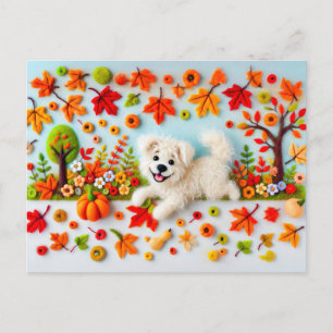 Carte Postale Chien en feutre jouant dans un jardin automnal