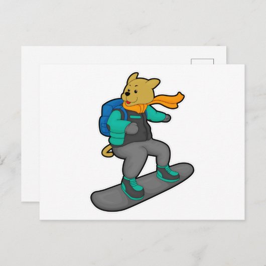 Carte Postale Chien en planchiste avec planche à neige et sac à (Devant / Derrière)