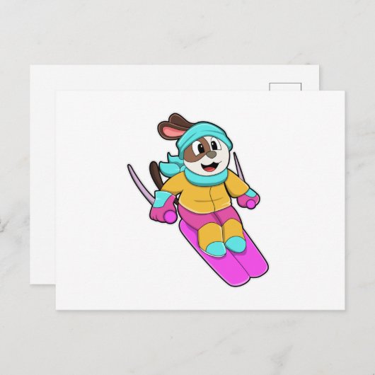 Carte Postale Chien en skieur avec ski et écharpe (Devant / Derrière)