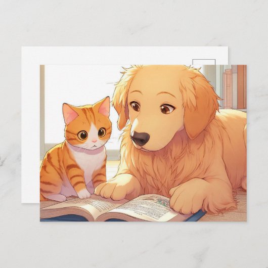 Carte Postale Chien et chat lisant un livre (Devant / Derrière)