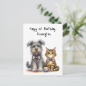 Carte Postale Chien et chat mignons Joyeux 1er anniversaire Pers (Debout devant)