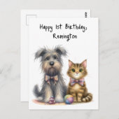 Carte Postale Chien et chat mignons Joyeux 1er anniversaire Pers (Devant / Derrière)