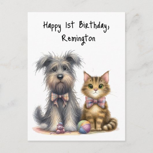 Carte Postale Chien et chat mignons Joyeux 1er anniversaire Pers (Devant)