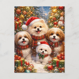 Carte Postale Chien festif dans un jardin enneigé