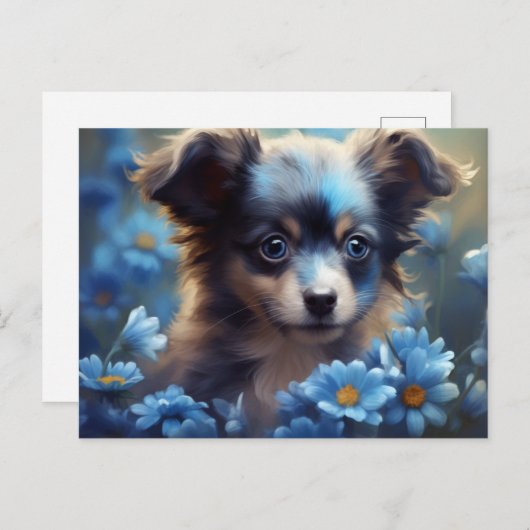 Carte Postale Chien Fleur Bleu (Devant / Derrière)