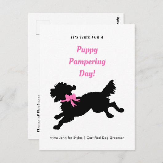 Carte Postale Chien Grooming Rendez-vous Bow rose Noir Chien (Devant / Derrière)