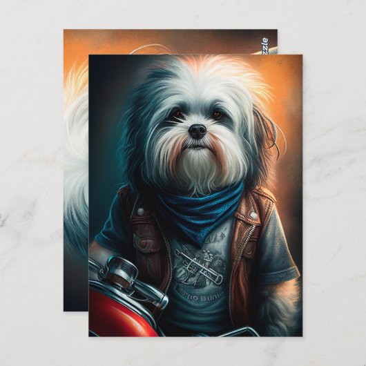 Carte Postale Chien Havanais en vélo peinture numérique (Devant / Derrière)