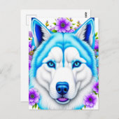 Carte Postale Chien Husky aux yeux bleus et fleurs   (Devant / Derrière)