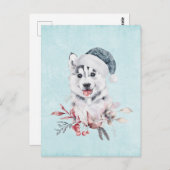 Carte Postale Chien Husky de Noël avec un chapeau de Père Noël (Devant / Derrière)