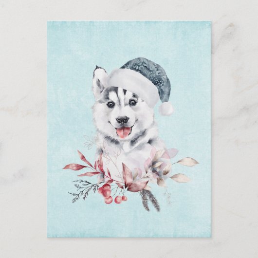 Carte Postale Chien Husky de Noël avec un chapeau de Père Noël (Devant)