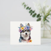 Carte Postale Chien Husky Sibérien Mignon avec des Fleurs (Debout devant)