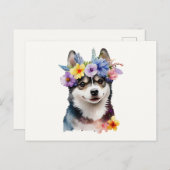 Carte Postale Chien Husky Sibérien Mignon avec des Fleurs (Devant / Derrière)