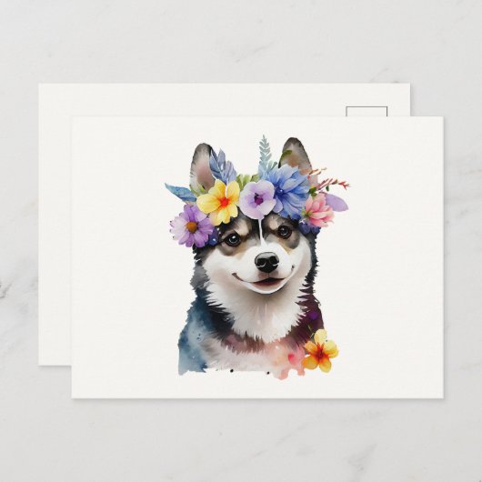 Carte Postale Chien Husky Sibérien Mignon avec des Fleurs (Devant / Derrière)