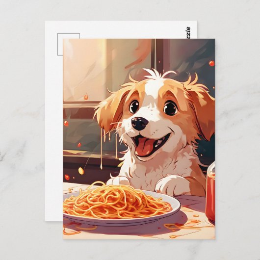 Carte Postale Chien mangeant spaghetti (Devant / Derrière)