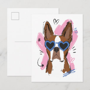 Carte Postale Chien mignon avec des lunettes de soleil à cœur bl