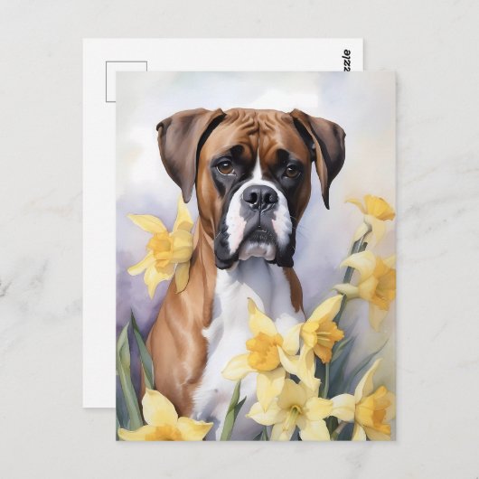Carte Postale Chien mignon De Boxe Avec Daffodiles Jaunes Aquare (Devant / Derrière)