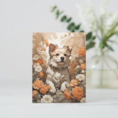 Carte Postale chien mignon en fleurs (Debout devant)