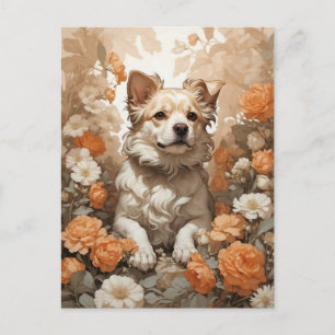 Carte Postale chien mignon en fleurs