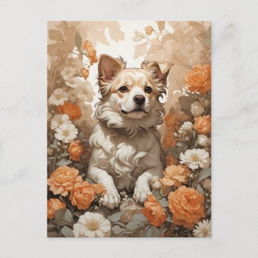 Carte Postale chien mignon en fleurs (Devant)
