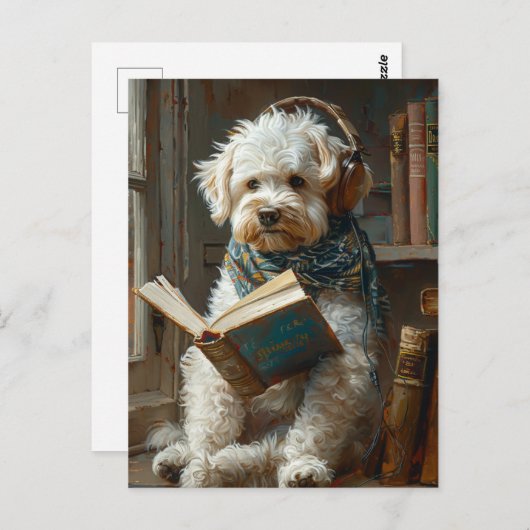 Carte Postale Chien mignon Lire Un Livre (Devant / Derrière)