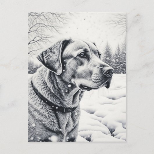 Carte Postale Chien noir et blanc AI Croquis hiver scène (Devant)